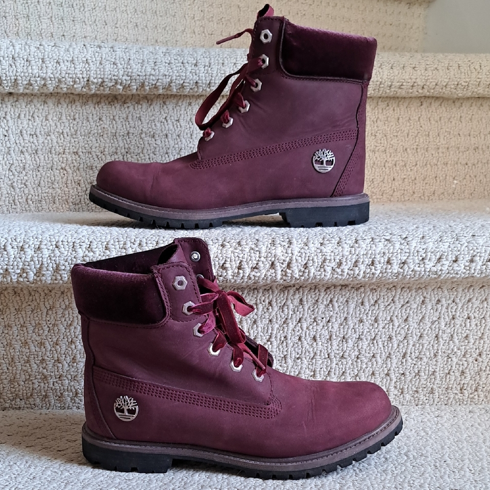 Timberland Women's Burgundy Special Edition Velvet Lace Boots.